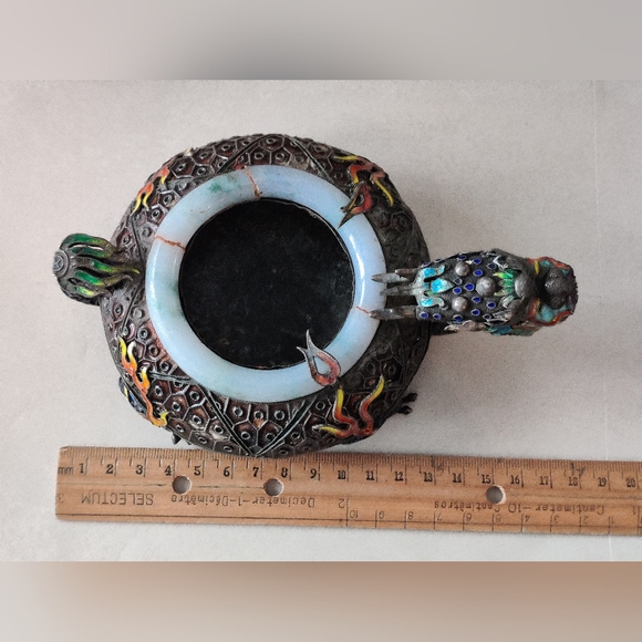 Chinese Export Dragon Ashtray Sterling Silver Enamel Jade Rim 332gr - Picture 8 of 16